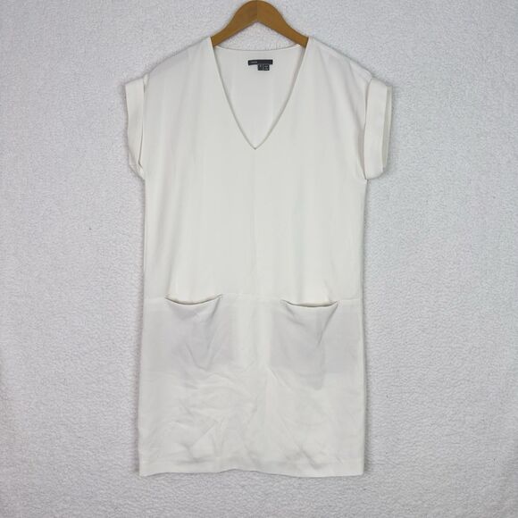 Vince White Textured Shift Dress Size S Minimalist Resort‎ V-Neck Quiet Luxury - Picture 8 of 13